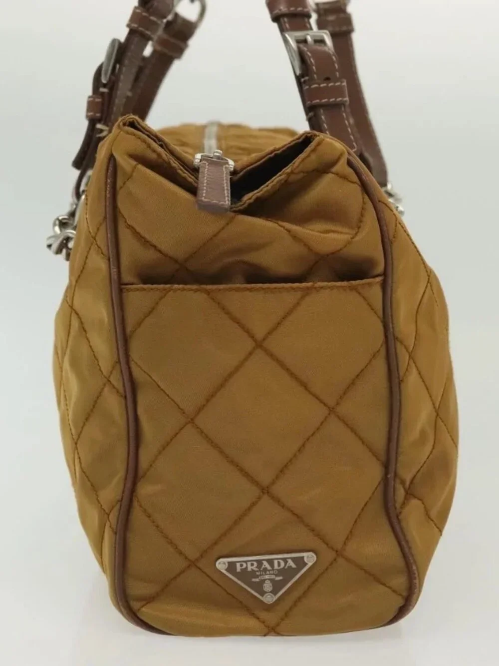PRADA Chain Shoulder Bag Nylon Beige Silver Auth 140091